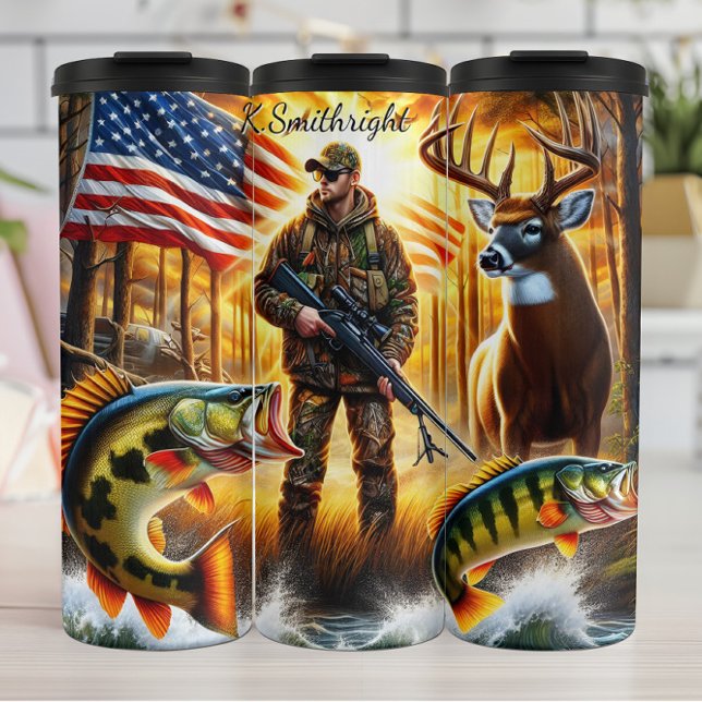 Garrafa Térmica Hunter Fish Deer American Flag (Criador carregado)