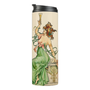 Garrafa Térmica Ilustração Art Nouveau Vintage de Senhora com Cham