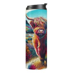 Garrafa Térmica Ilustração colorida de vaca em terras altas do arc