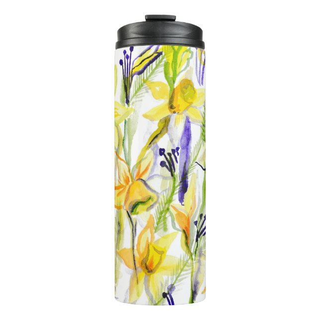 Garrafa Térmica Ilustração de Aquarela de Daffodils Amarelos (Frente)