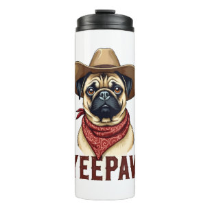 Garrafa Térmica Ilustração de cachorro ocidental YeePaw Pug Cowboy