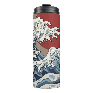 Garrafa Térmica Ilustração de grua e onda japonesa tradicional C