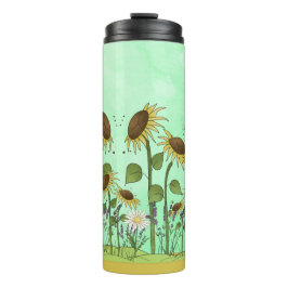 Garrafa Térmica Ilustração Dourado do girassol do verão no verde