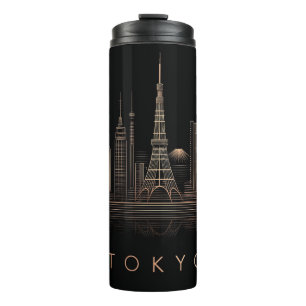 Garrafa Térmica Ilustração Elegante da Cidade de Tóquio em Dourado