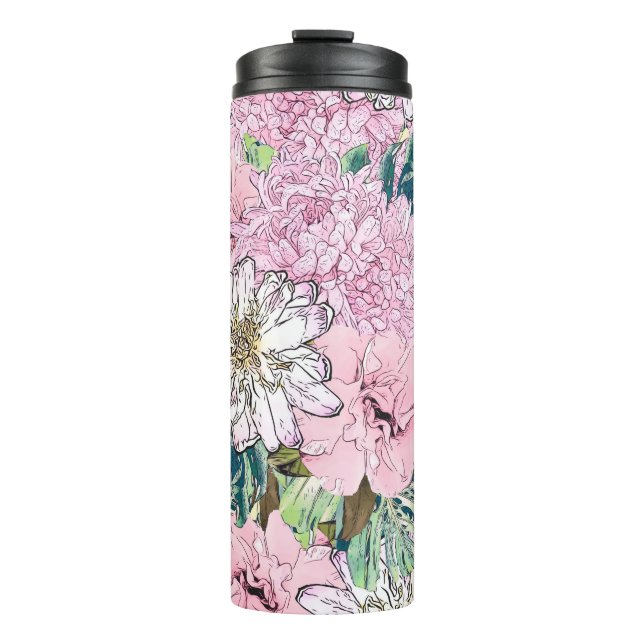 Garrafa Térmica Ilustração Floral Branco e Rosa Brilhante (Frente)