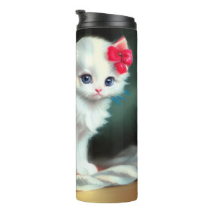 Garrafa Térmica Ilustração Vintage White Kitten com Flores Vermelh