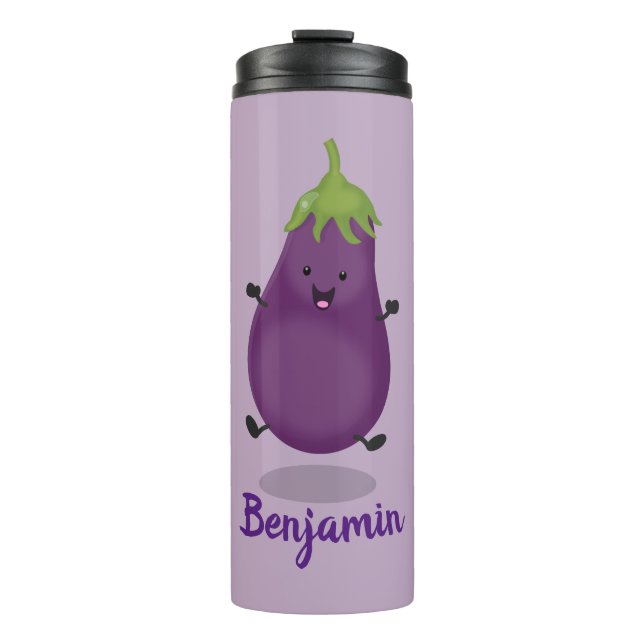 Garrafa Térmica Imagem de desenho animado de beringela doce e feli (Frente)