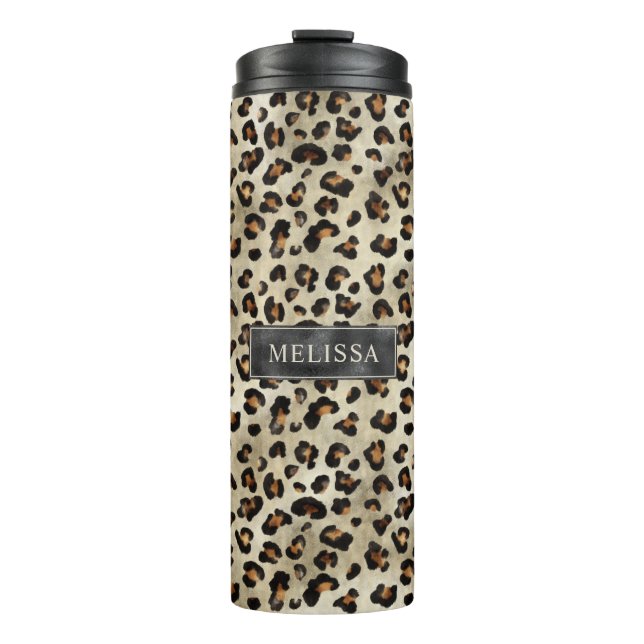 Garrafa Térmica Impressão Animal Leopardo Com Folha Falsa Preta E  (Frente)