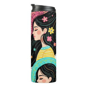Garrafa Térmica Impressão de Arte de Ilustração de Mulheres Boêmia