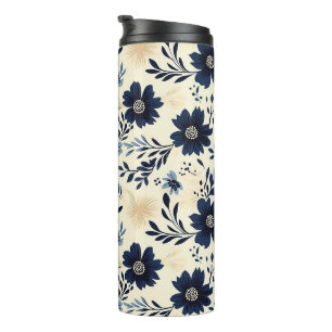 Garrafa Térmica Impressão de Arte Popular Floral Bege Azul Escuro