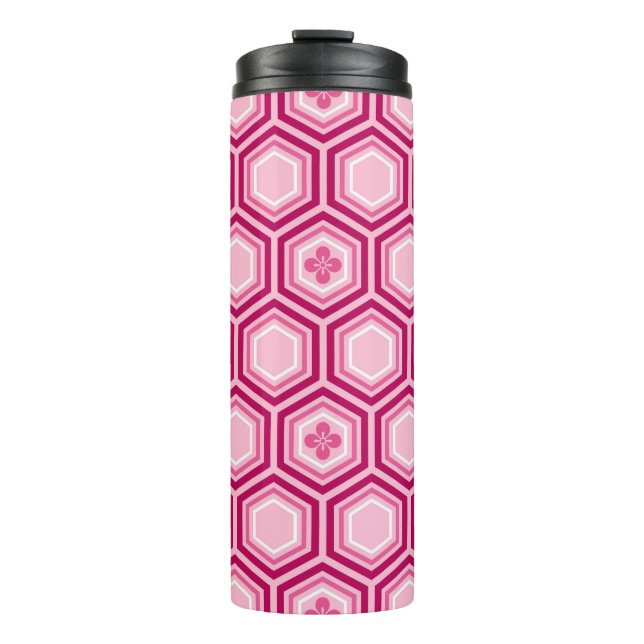 Garrafa Térmica Impressão Hexagonal Kimono, Borgonha e Rosa (Frente)