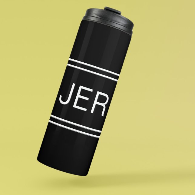 Garrafa Térmica Iniciais de Na moda de Monograma Personalizado Pre (Modern Black & White Custom Monogrammed Initials Stylish Thermal Tumbler For Him or For Her)