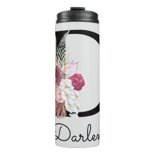 Garrafa Térmica Inicial Floral Boho Rosa Monogramada D