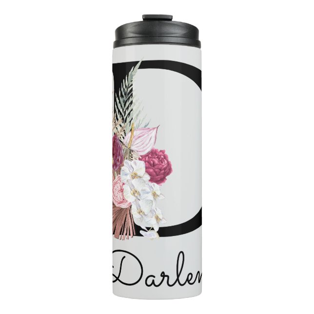 Garrafa Térmica Inicial Floral Boho Rosa Monogramada D (Frente)
