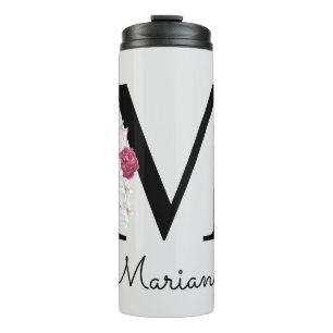 Garrafa Térmica Inicial Floral Boho Rosa Monogramada M
