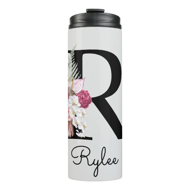 Garrafa Térmica Inicial Floral Rosa Monogramada R (Frente)