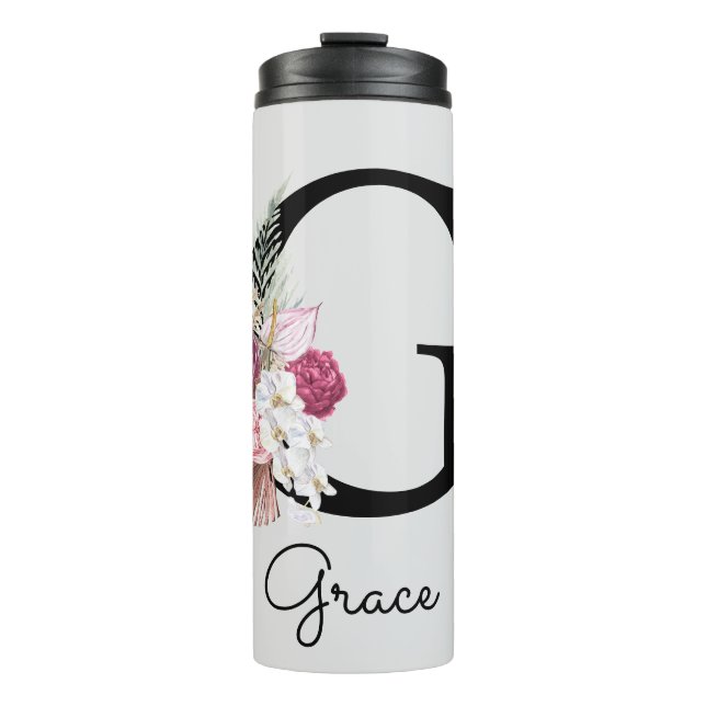 Garrafa Térmica Inicial G Monograma Rosa Boho Floral (Frente)