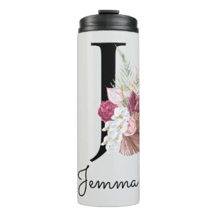 Garrafa Térmica Inicial Monogramada J Rosa Boho Floral Feminino