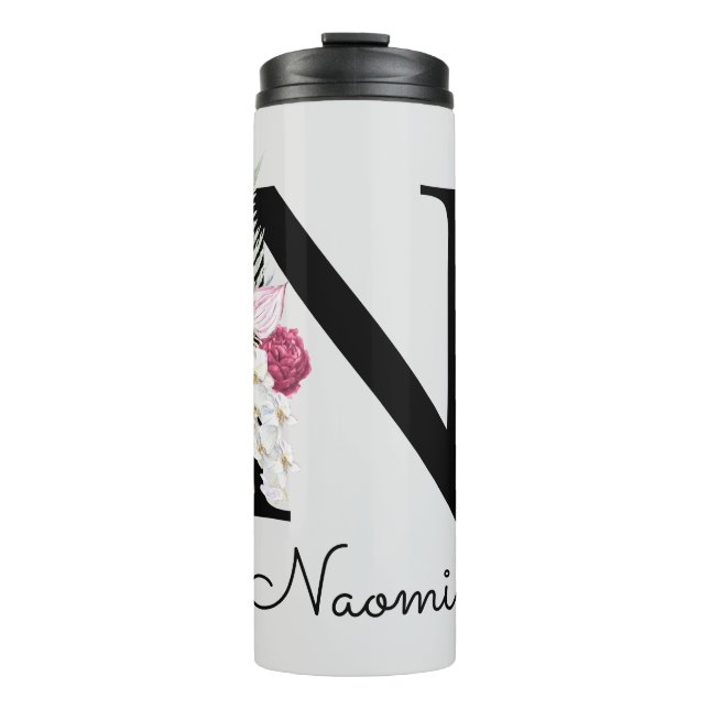Garrafa Térmica Inicial Monogramada N Rosa Boho Floral  (Frente)