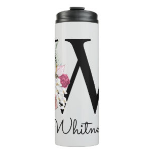 Garrafa Térmica Inicial Monogramada W Rosa Boho Floral Feminino