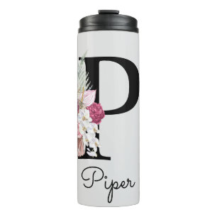 Garrafa Térmica Inicial P Monogramada Rosa Floral Boho