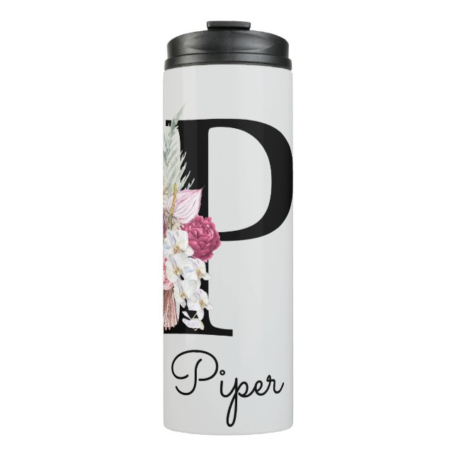 Garrafa Térmica Inicial P Monogramada Rosa Floral Boho (Frente)