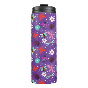 Garrafa Térmica Insetos Coloridos e Flores em um Fundo Roxo