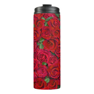 Garrafa Térmica Jardim de Rosas Vermelhas Padrão Floral Romântico