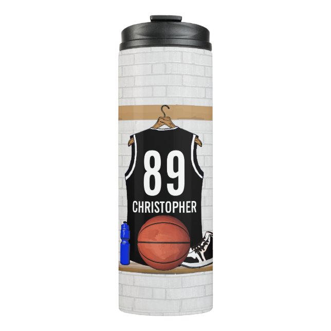 Garrafa Térmica Jérsei preto e branco personalizado do basquetebol (Frente)
