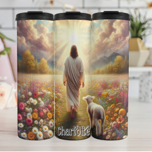 Garrafa Térmica Jesus andando com o carneiro no campo