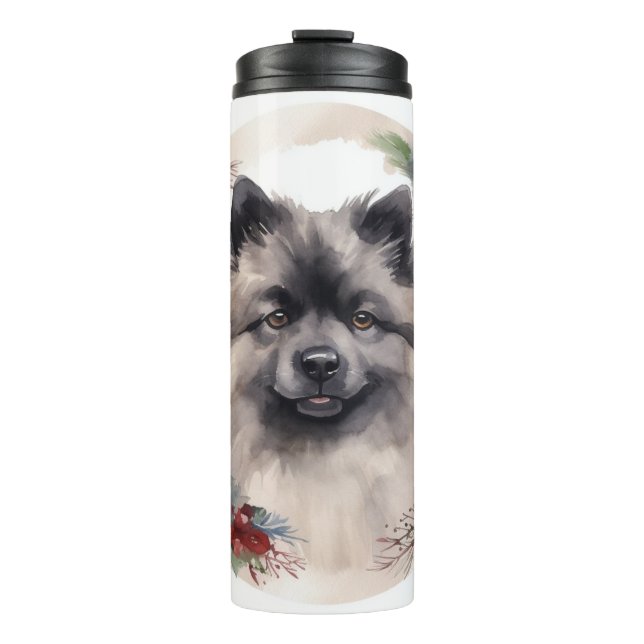 Garrafa Térmica Keeshond Christmas Wreath Festivo Pup (Frente)