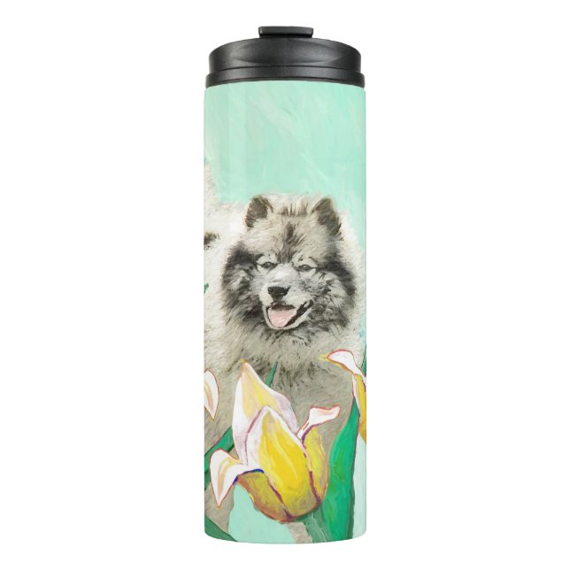 Garrafa Térmica Keeshond em Tulips pintando lindas artes caninas o (Frente)