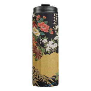 Garrafa Térmica Kimono Floral Japonês Tradicional Preto e Dourado