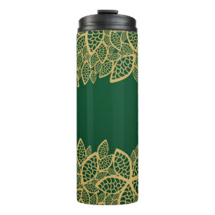 Garrafa Térmica Laço dourado da folha no fundo verde