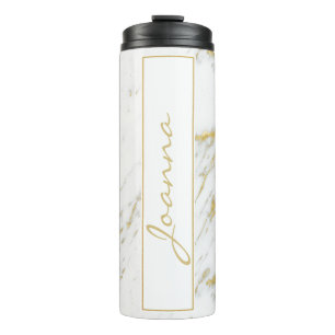 Garrafa Térmica Largura Dourada Monogramada No Mármaco Branco