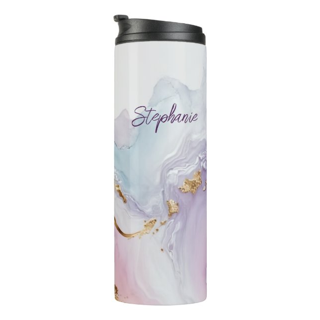 Garrafa Térmica Lavar com Aquarela Roxo Azul Dourado Monogramada (Rotação à direita)