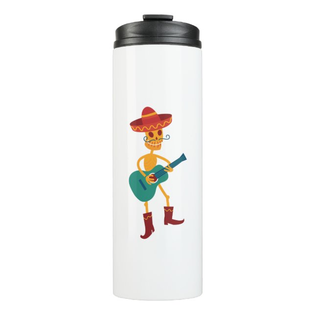 Garrafa Térmica Leitor de Violão de Esqueleto Festivo (Frente)