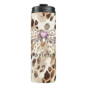 Garrafa Térmica Leopardo de Coração com Laço Rosa