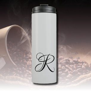 Garrafa Térmica Letra inicial de caligrafia 3D preta   Cinzas de p