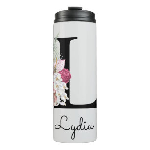 Garrafa Térmica Letra Inicial Floral Boho Rosa Monograma L