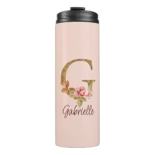 Garrafa Térmica Letra Personalizada G Dourado Folha Rosa Bege Rosa