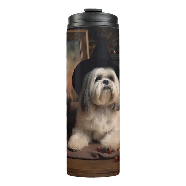 Garrafa Térmica Lhasa Apso Abóboras Halloween Assustador (Frente)