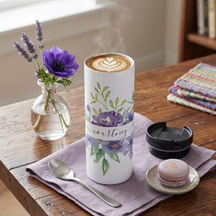 Garrafa Térmica Lilac floral personalizada em aquarela 