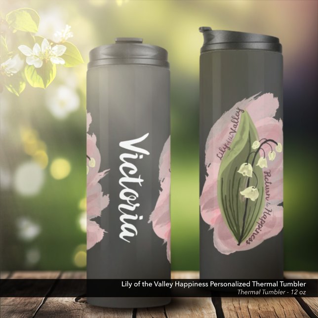Garrafa Térmica Lily da Felicidade do Vale Personalizada (Lily of the Valley Happiness Personalized Thermal Tumbler in Black - 12 oz. Size)