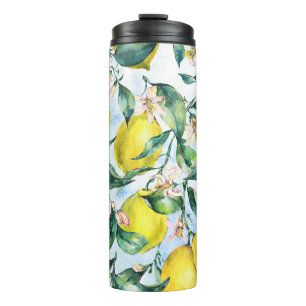 Garrafa Térmica Limões de aquarelas, ramos de citrinos frescos.