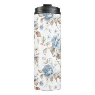 Garrafa Térmica Lindas Flores Azuis Creme Bege Marrom