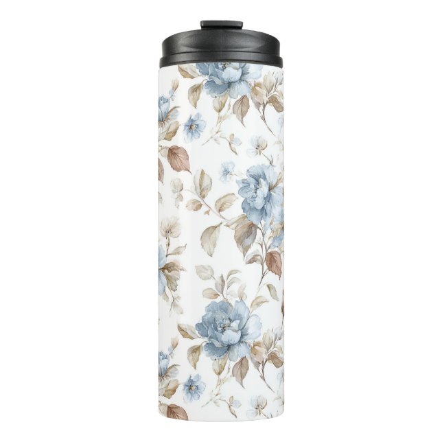 Garrafa Térmica Lindas Flores Azuis Creme Bege Marrom (Frente)