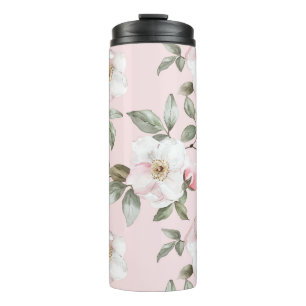 Garrafa Térmica Lindas Flores Brancas Rosa
