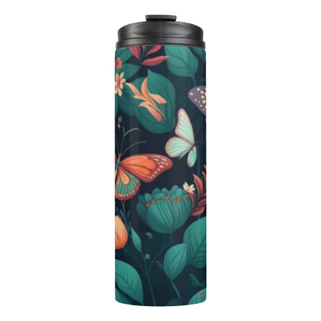 Garrafa Térmica Lindas flores e borboletas na selva (Frente)