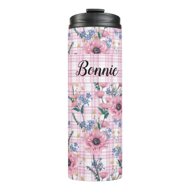 GARRAFA TÉRMICA  LINDAS FLORES VERMELHAS PASTEL COM PADRÕES XADREZ (Frente)